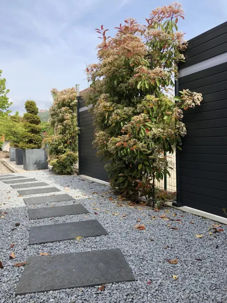 Passe pied en pierre naturelle, clôture aluminium et végétaux persistants